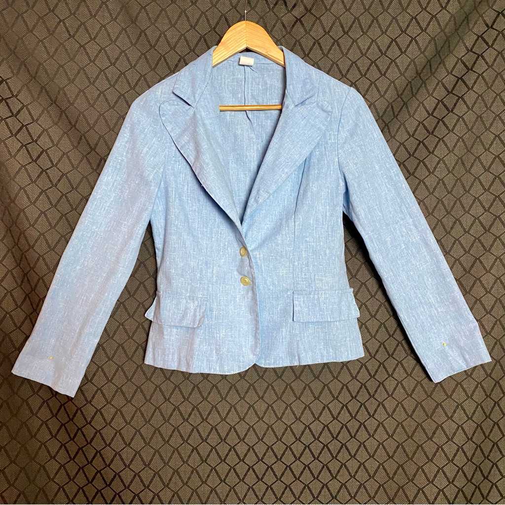 1960s 1970s Ladies Blazer Jacket  Linen  Baby Blue  Vintage  Union Made S
